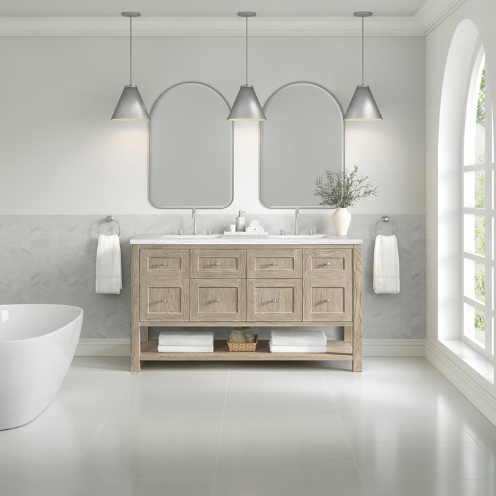 Breckenridge 60" Double Vanity, Whitewashed Oak, w/ 3 CM Arctic Fall Solid Surface Top
