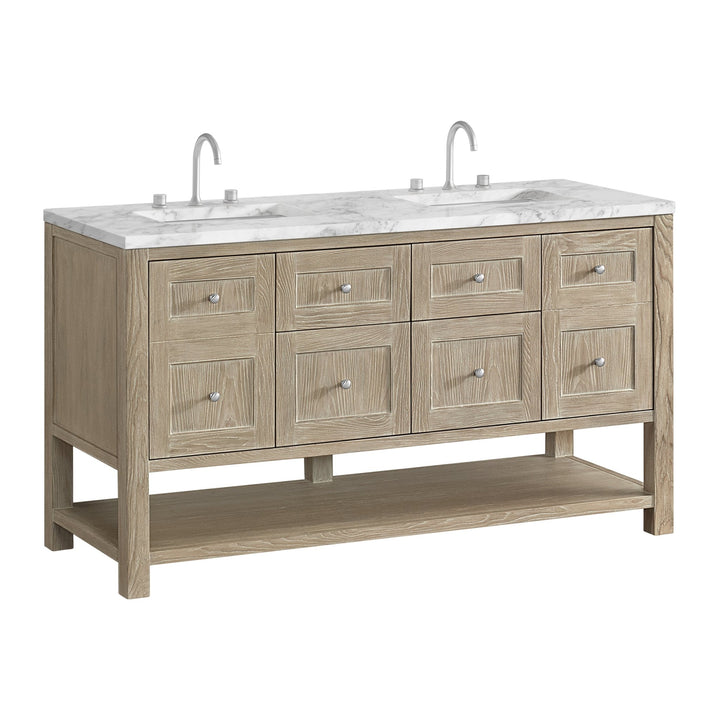 Breckenridge 60" Double Vanity, Whitewashed Oak, w/ 3 CM Carrara Marble Top