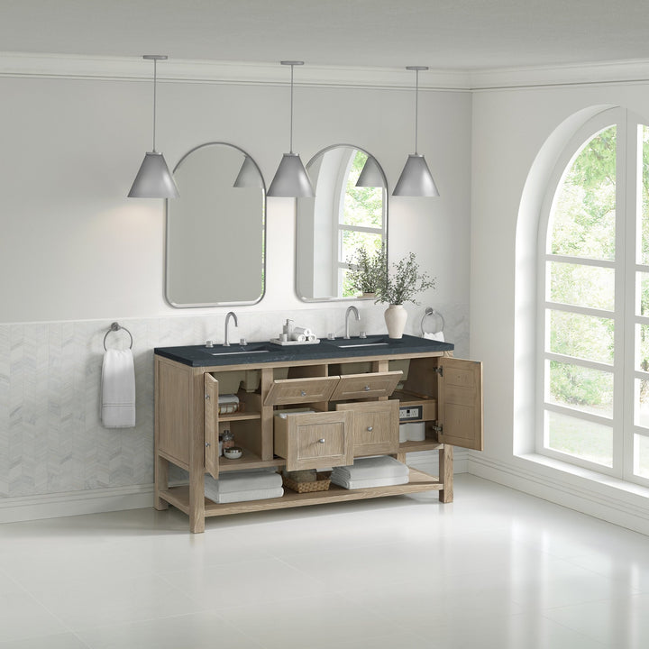 Breckenridge 60" Double Vanity, Whitewashed Oak, w/ 3 CM Charcoal Soapstone Quartz Top
