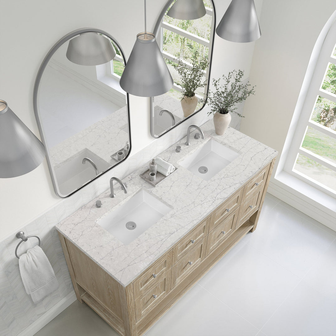 Breckenridge 60" Double Vanity, Whitewashed Oak, w/ 3 CM Eternal Jasmine Pearl Quartz Top w/FreePower Wireless Charger