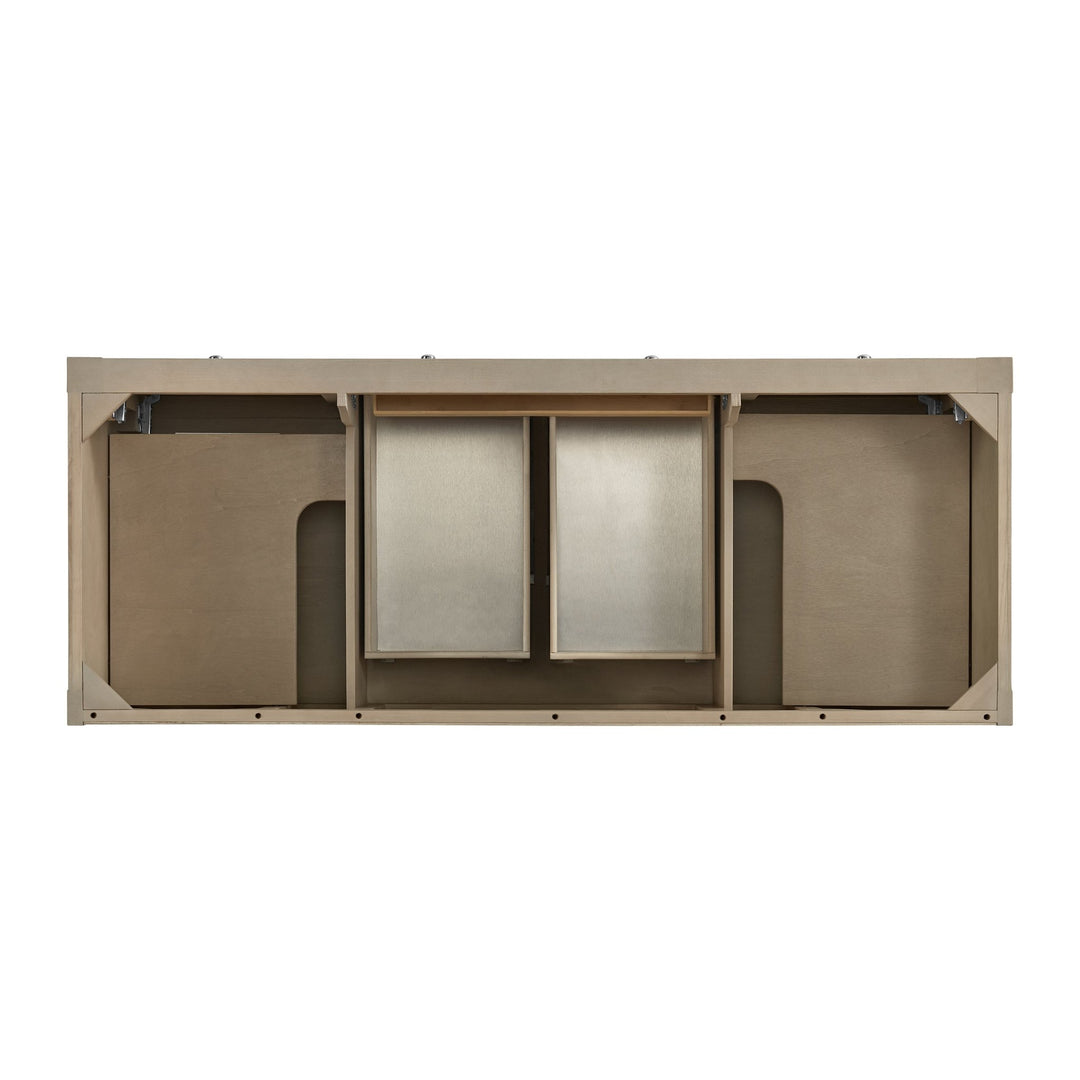 Breckenridge 60" Double Vanity, Whitewashed Oak, w/ 3 CM Eternal Jasmine Pearl Quartz Top w/FreePower Wireless Charger