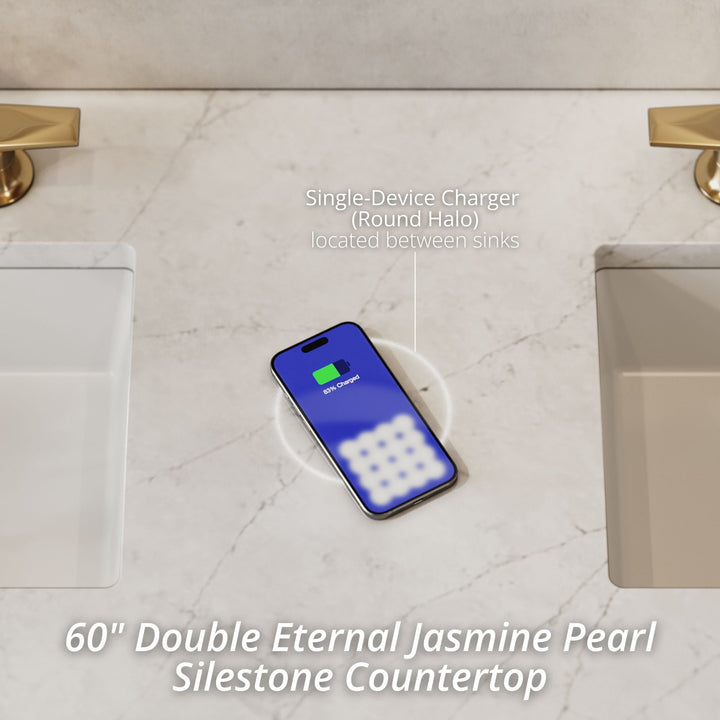 Breckenridge 60" Double Vanity, Whitewashed Oak, w/ 3 CM Eternal Jasmine Pearl Quartz Top w/FreePower Wireless Charger