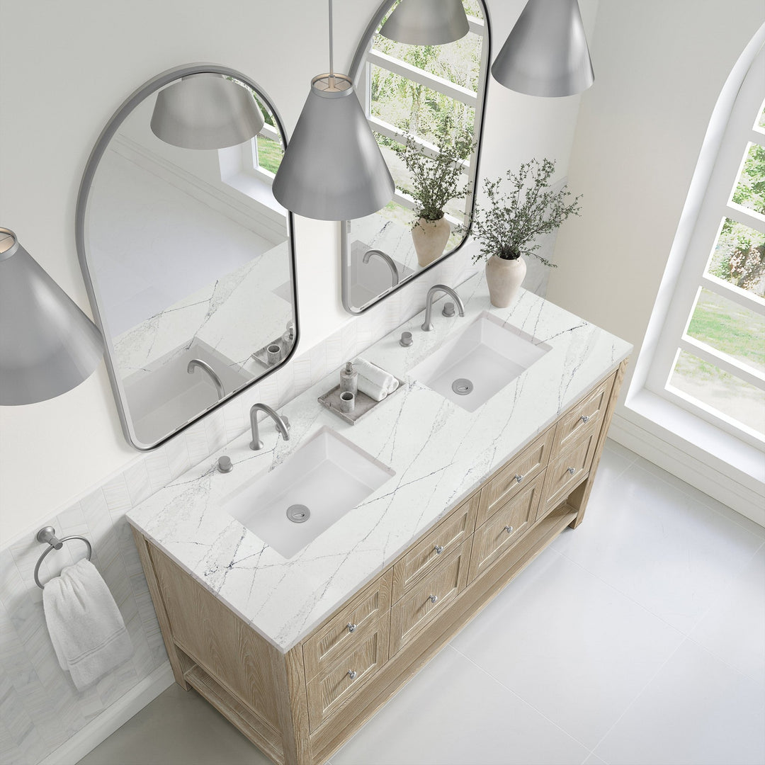 Breckenridge 60" Double Vanity, Whitewashed Oak, w/ 3 CM Ethereal Noctis Quartz Top w/FreePower Wireless Charger