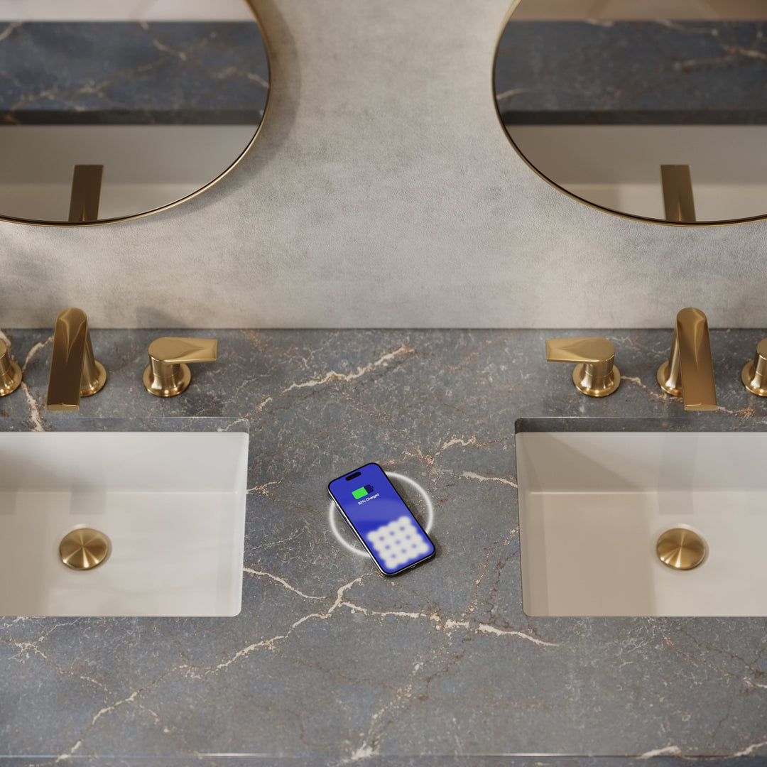 Breckenridge 60" Double Vanity, Whitewashed Oak w/ 3 CM Parisien Bleu Top w/FreePower Wireless Charger