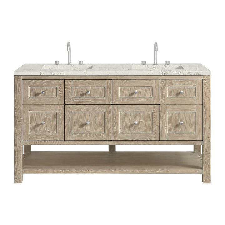 Breckenridge 60" Double Vanity, Whitewashed Oak, w/ 3 CM Victorian Silver Quartz Top