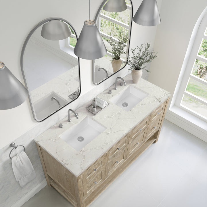 Breckenridge 60" Double Vanity, Whitewashed Oak, w/ 3 CM Victorian Silver Quartz Top
