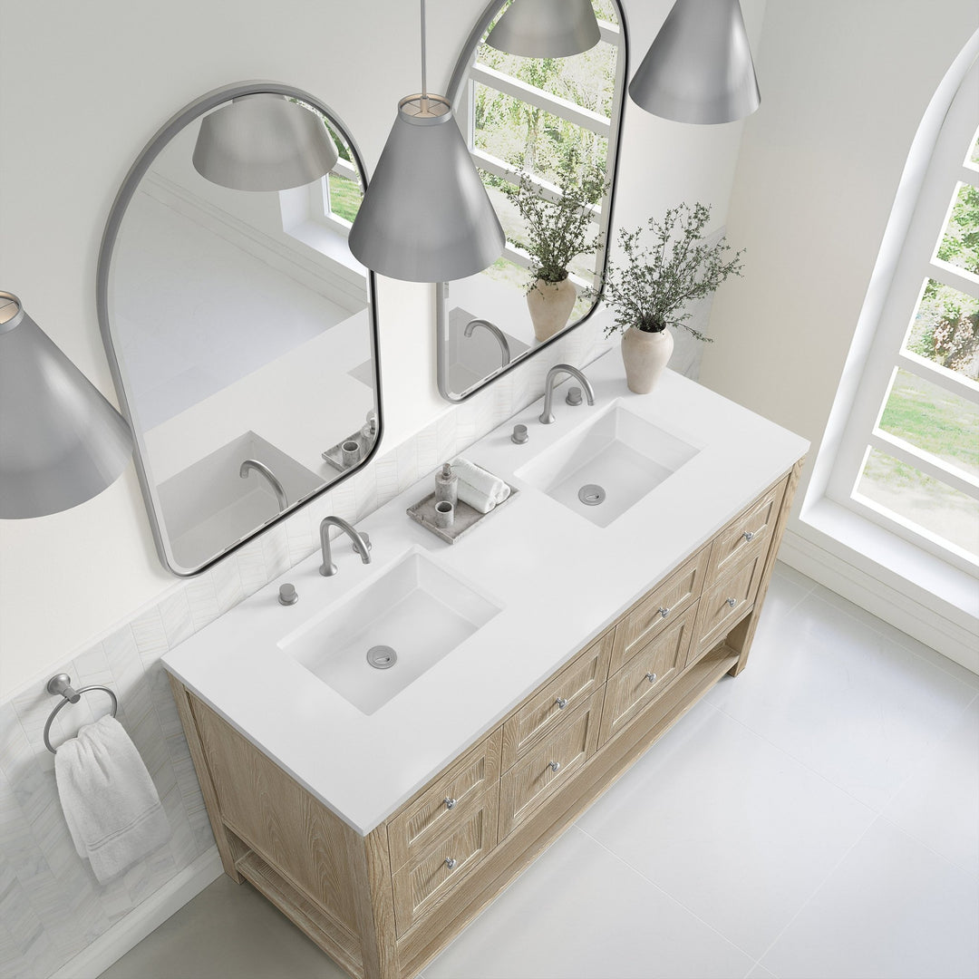 Breckenridge 60" Double Vanity, Whitewashed Oak, w/ 3 CM White Zeus Quartz Top