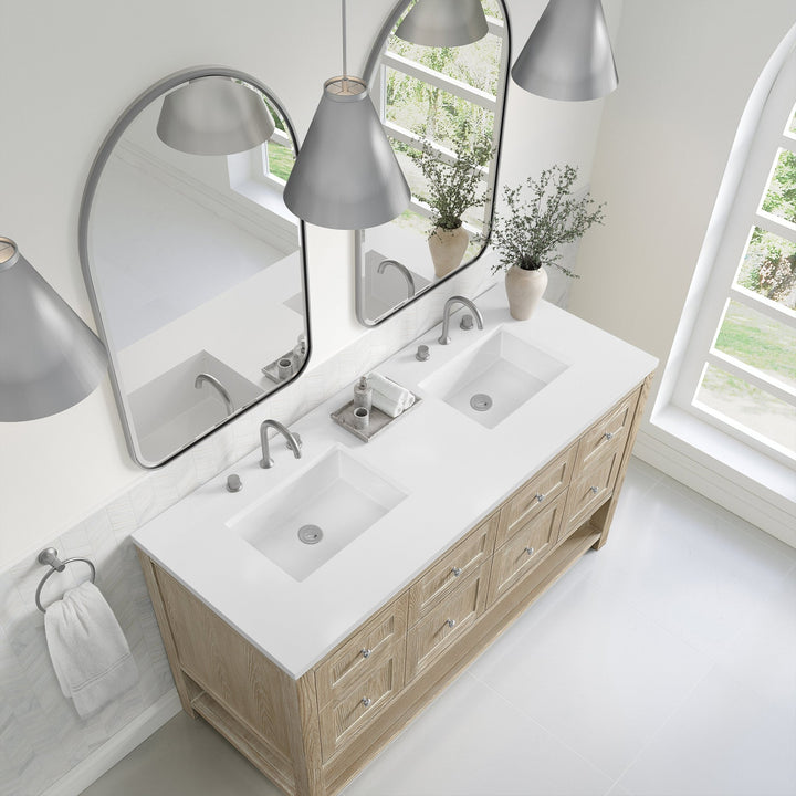 Breckenridge 60" Double Vanity, Whitewashed Oak, w/ 3 CM White Zeus Quartz Top