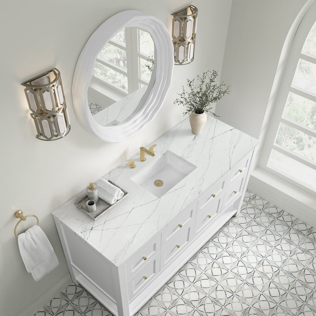 Breckenridge 60" Single Vanity, Bright White, w/ 3 CM Ethereal Noctis Silestone Top w/ FreePower Wireless Charger