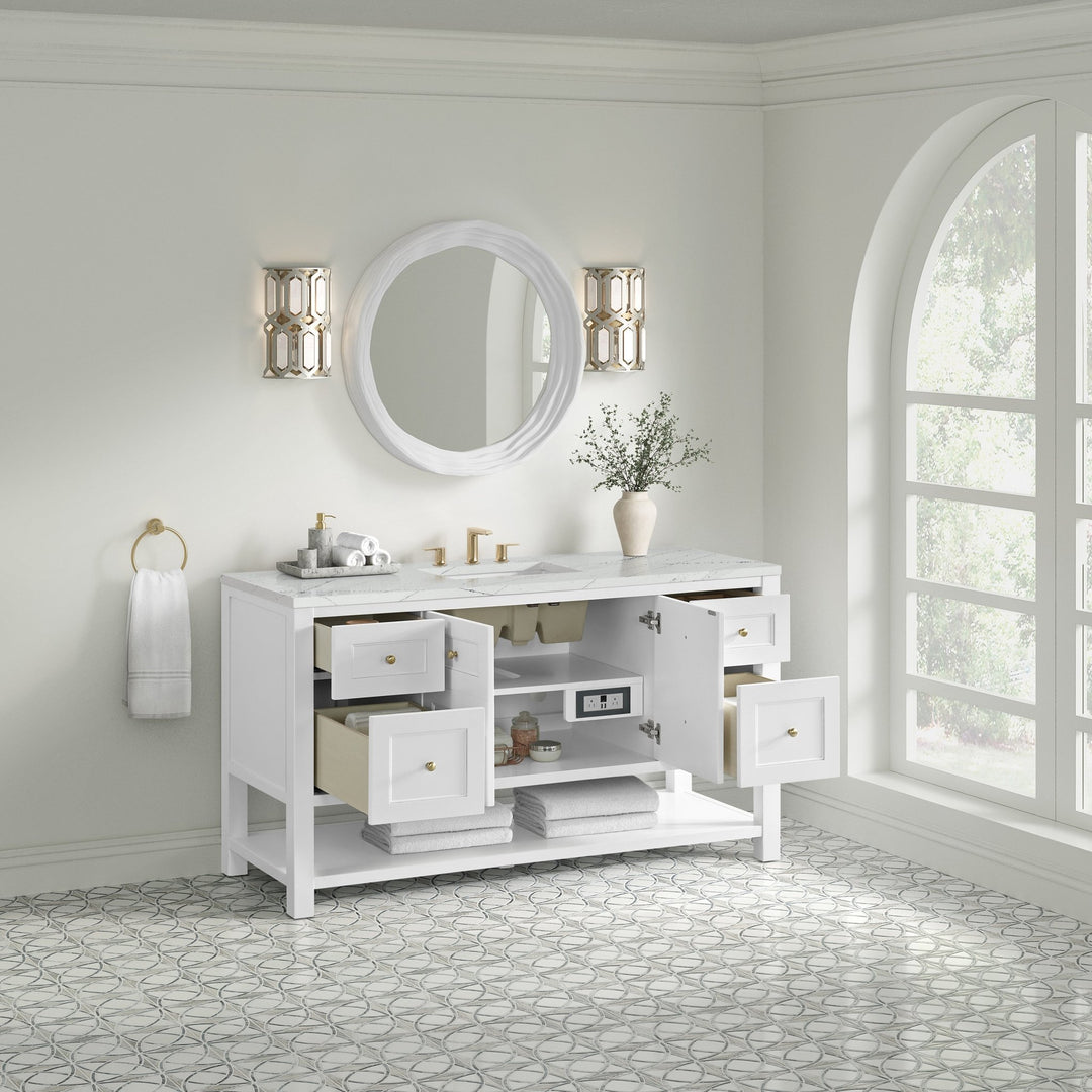 Breckenridge 60" Single Vanity, Bright White, w/ 3 CM Ethereal Noctis Silestone Top w/ FreePower Wireless Charger