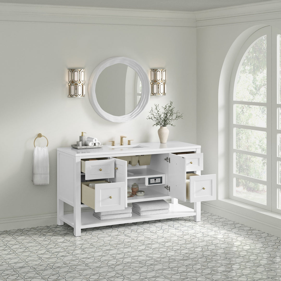 Breckenridge 60" Single Vanity, Bright White, w/ 3 CM White Zeus Quartz Top
