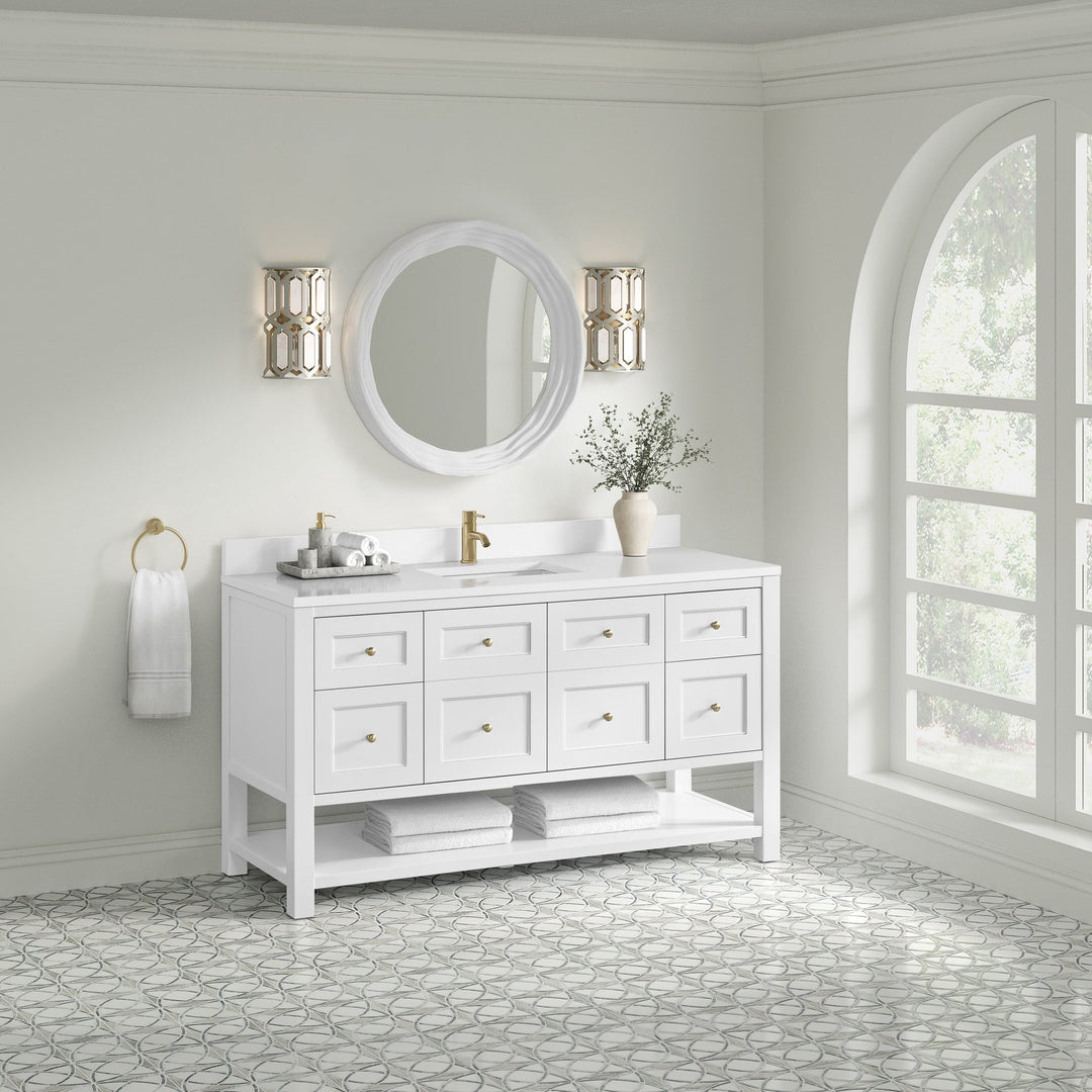 Breckenridge 60" Single Vanity, Bright White, w/ Single Hole 3 CM White Zeus Quartz Top & Backsplash