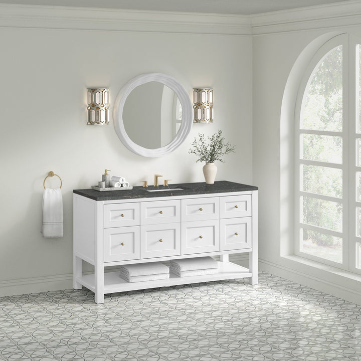 Breckenridge 60" Single Vanity Cabinet, Bright White w/ 3 CM Parisien Bleu Top w/ FreePower Wireless Charger