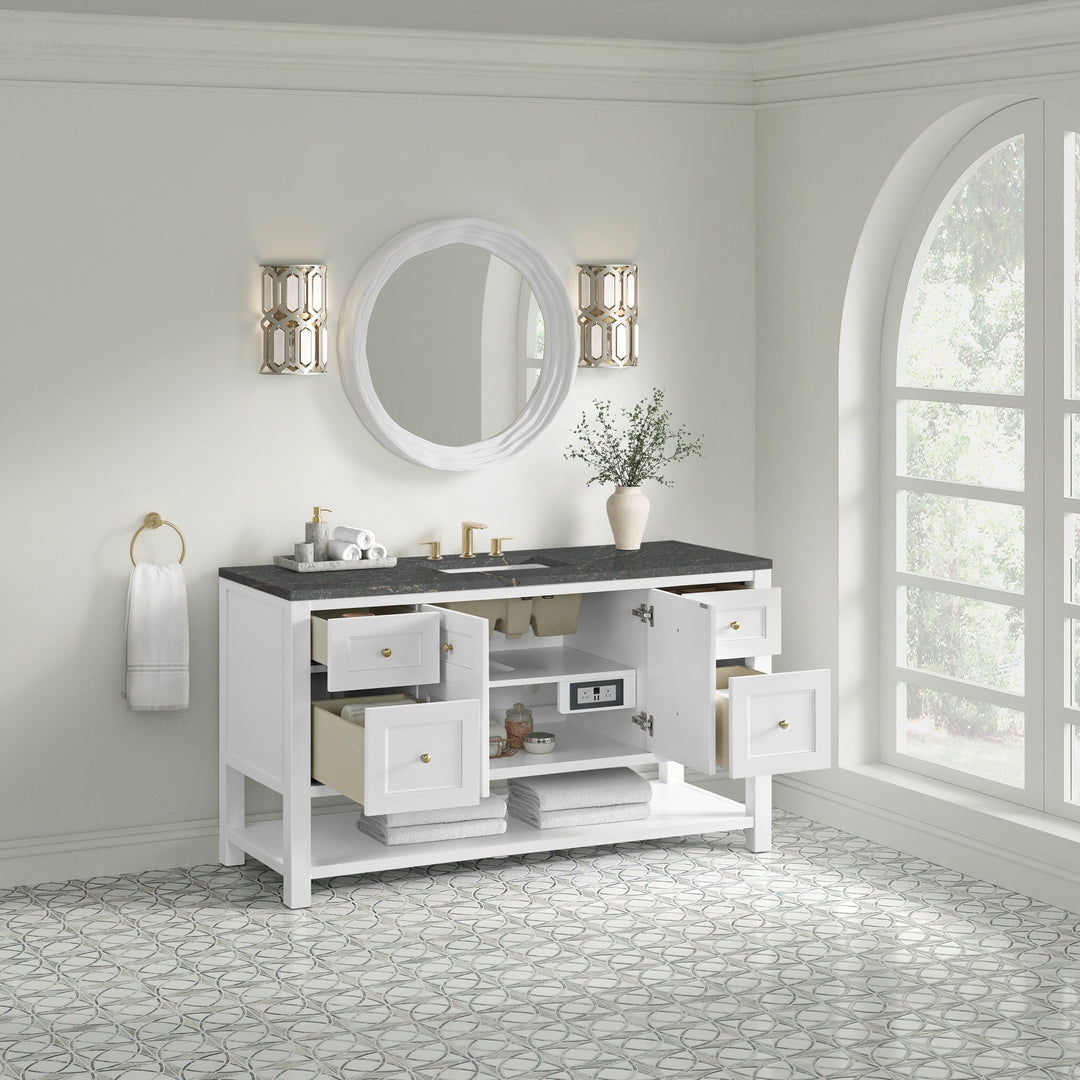 Breckenridge 60" Single Vanity Cabinet, Bright White w/ 3 CM Parisien Bleu Top w/ FreePower Wireless Charger