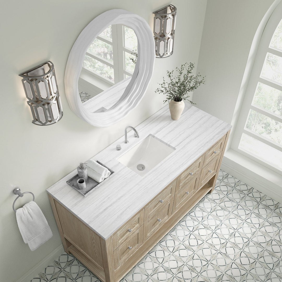 Breckenridge 60" Single Vanity, Whitewashed Oak, w/ 3 CM Arctic Fall Solid Surface Top