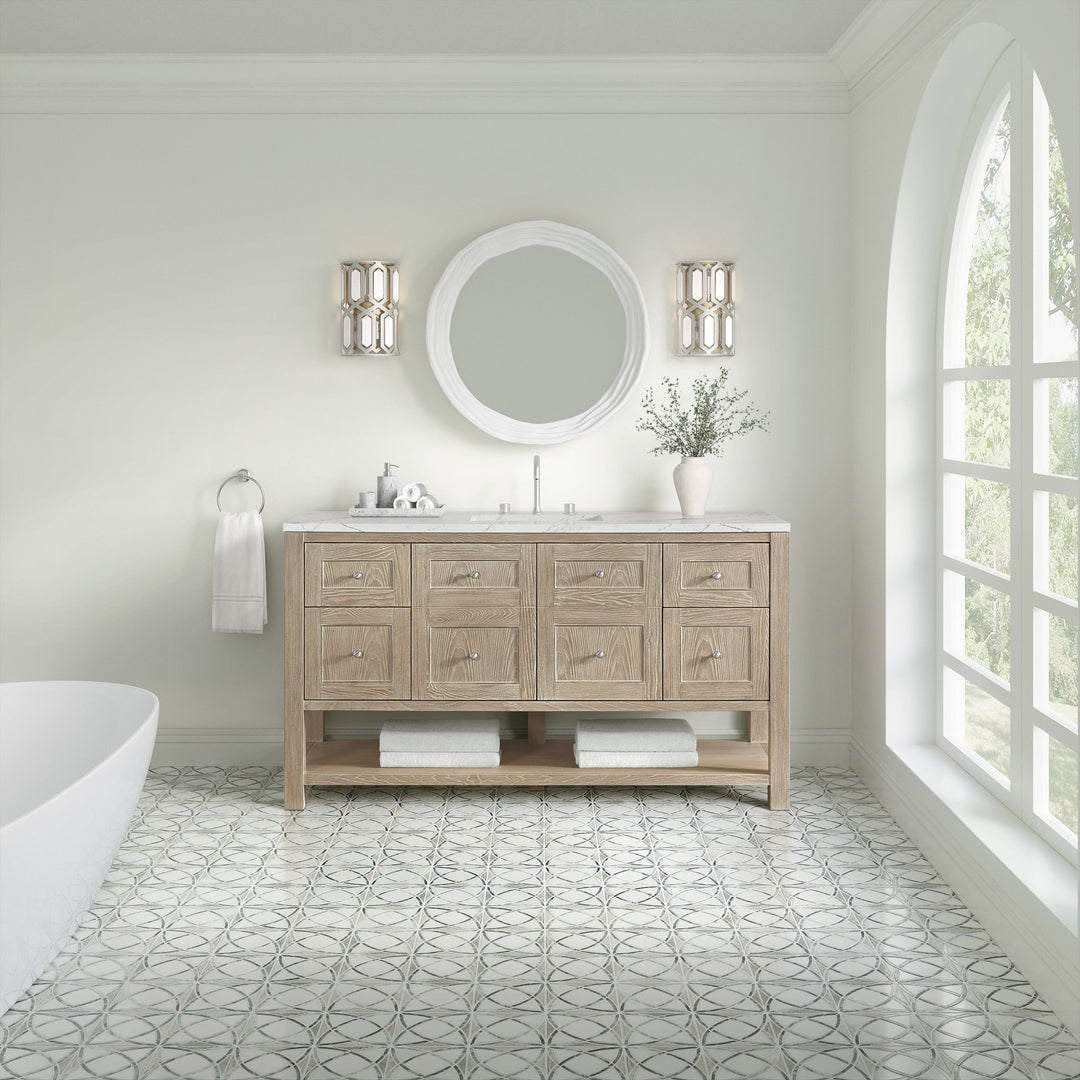Breckenridge 60" Single Vanity, Whitewashed Oak, w/ 3 CM Ethereal Noctis Quartz Top