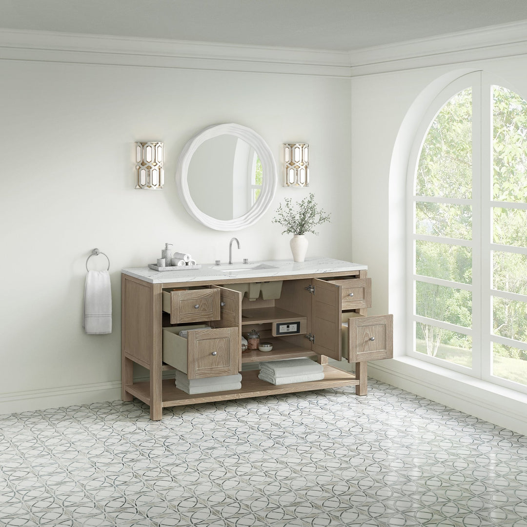 Breckenridge 60" Single Vanity, Whitewashed Oak, w/ 3 CM Ethereal Noctis Quartz Top
