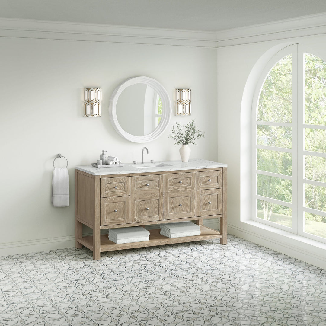 Breckenridge 60" Single Vanity, Whitewashed Oak, w/ 3 CM Ethereal Noctis Quartz Top