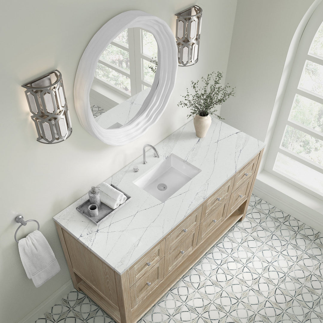Breckenridge 60" Single Vanity, Whitewashed Oak, w/ 3 CM Ethereal Noctis Quartz Top
