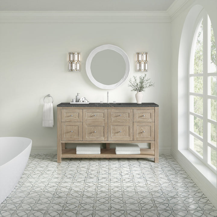 Breckenridge 60" Single Vanity, Whitewashed Oak w/ 3 CM Parisien Bleu Top w/ FreePower Wireless Charger