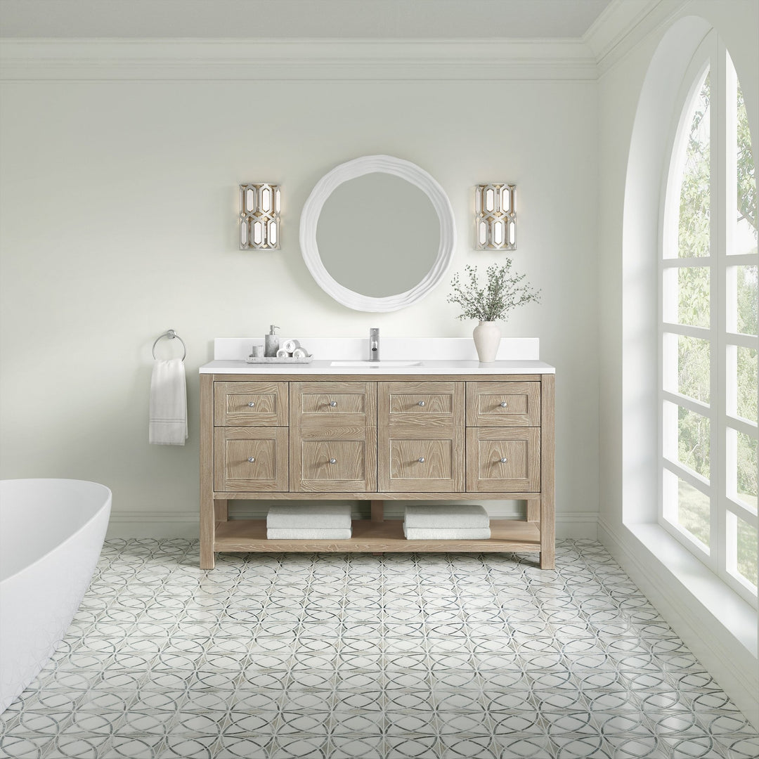 Breckenridge 60" Single Vanity, Whitewashed Oak, w/ Single Hole 3 CM White Zeus Quartz Top & Backsplash
