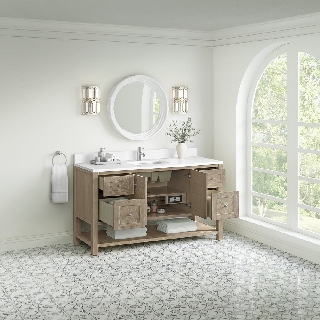 Breckenridge 60" Single Vanity, Whitewashed Oak, w/ Single Hole 3 CM White Zeus Quartz Top & Backsplash