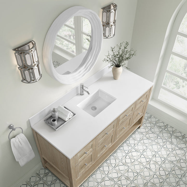 Breckenridge 60" Single Vanity, Whitewashed Oak, w/ Single Hole 3 CM White Zeus Quartz Top & Backsplash