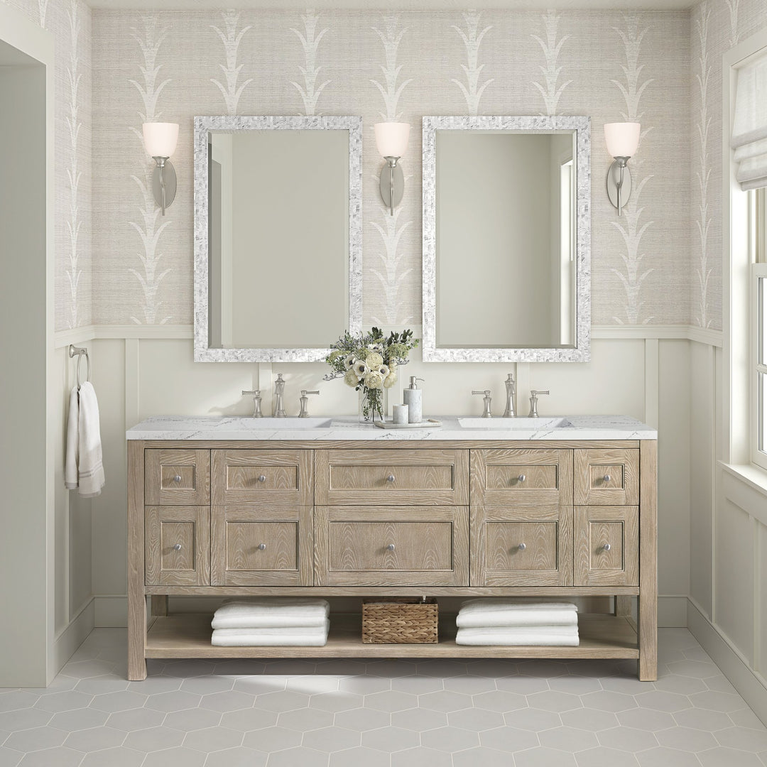 Breckenridge 72" Double Vanity, Whitewashed Oak w/ 3 CM Ethereal Noctis Silestone Top w/FreePower Wireless Charger