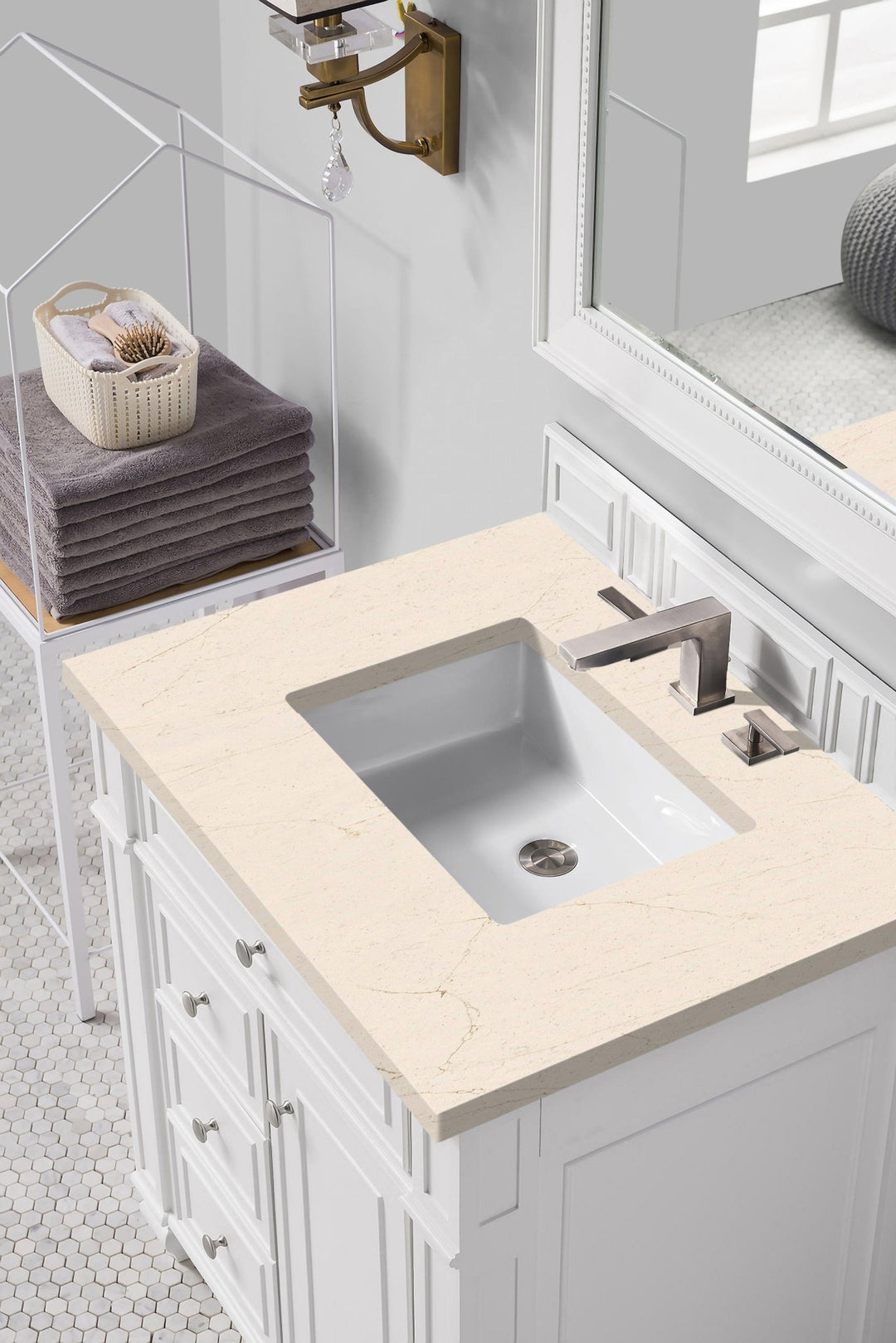 Bristol 30" Single Vanity, Bright White w/ 3 CM Eternal Marfil Silestone Top