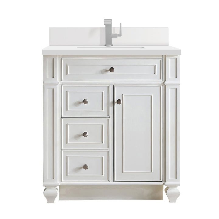 Bristol 30" Single Vanity, Bright White w/ Single Hole 3 CM White Zeus Silestone Top & Backsplash