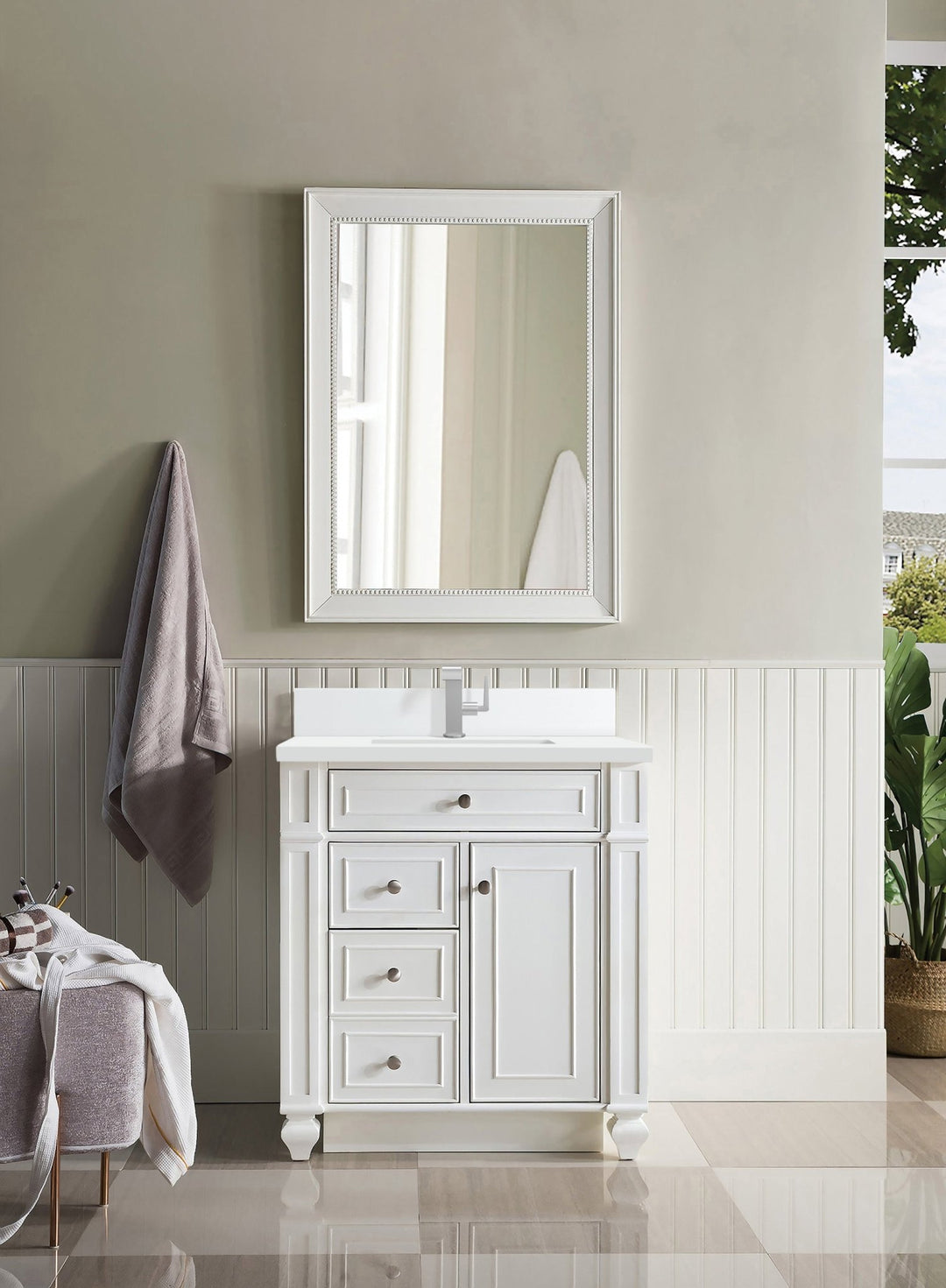 Bristol 30" Single Vanity, Bright White w/ Single Hole 3 CM White Zeus Silestone Top & Backsplash