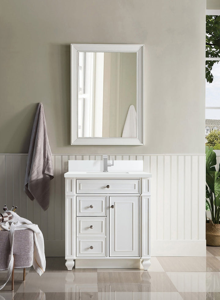 Bristol 30" Single Vanity, Bright White w/ Single Hole 3 CM White Zeus Silestone Top & Backsplash