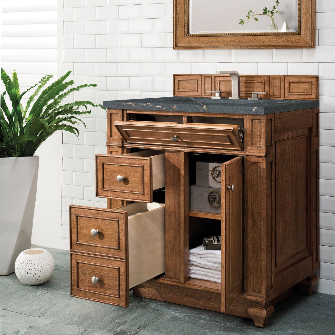 Bristol 30" Single Vanity, Saddle Brown w/ 3 CM Parisien Bleu Silestone Top