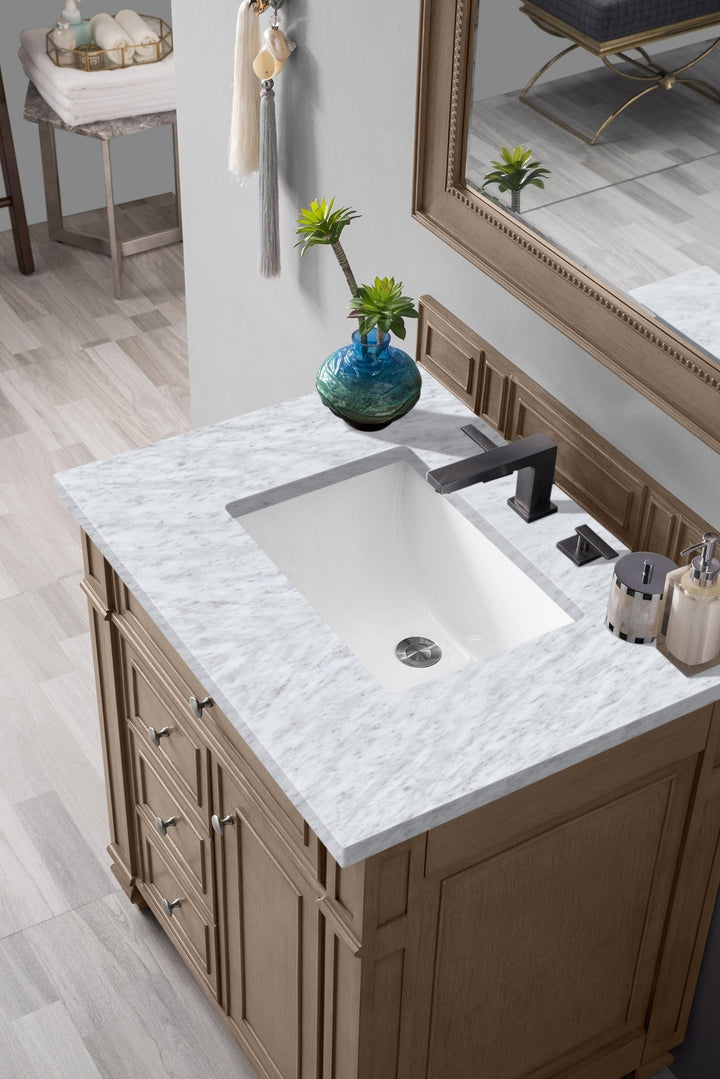 Bristol 30" Single Vanity, Whitewashed Walnut w/ 3 CM Carrara Marble Top