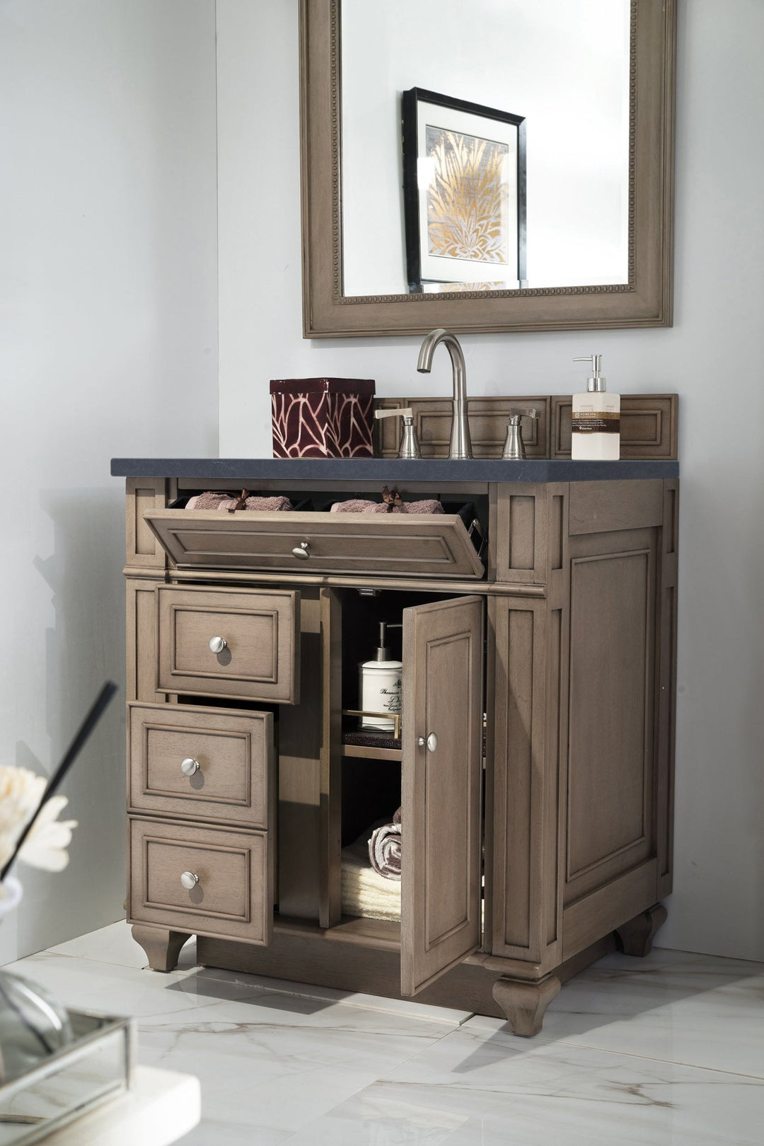 Bristol 30" Single Vanity, Whitewashed Walnut w/ 3 CM Charcoal Soapstone Silestone Top