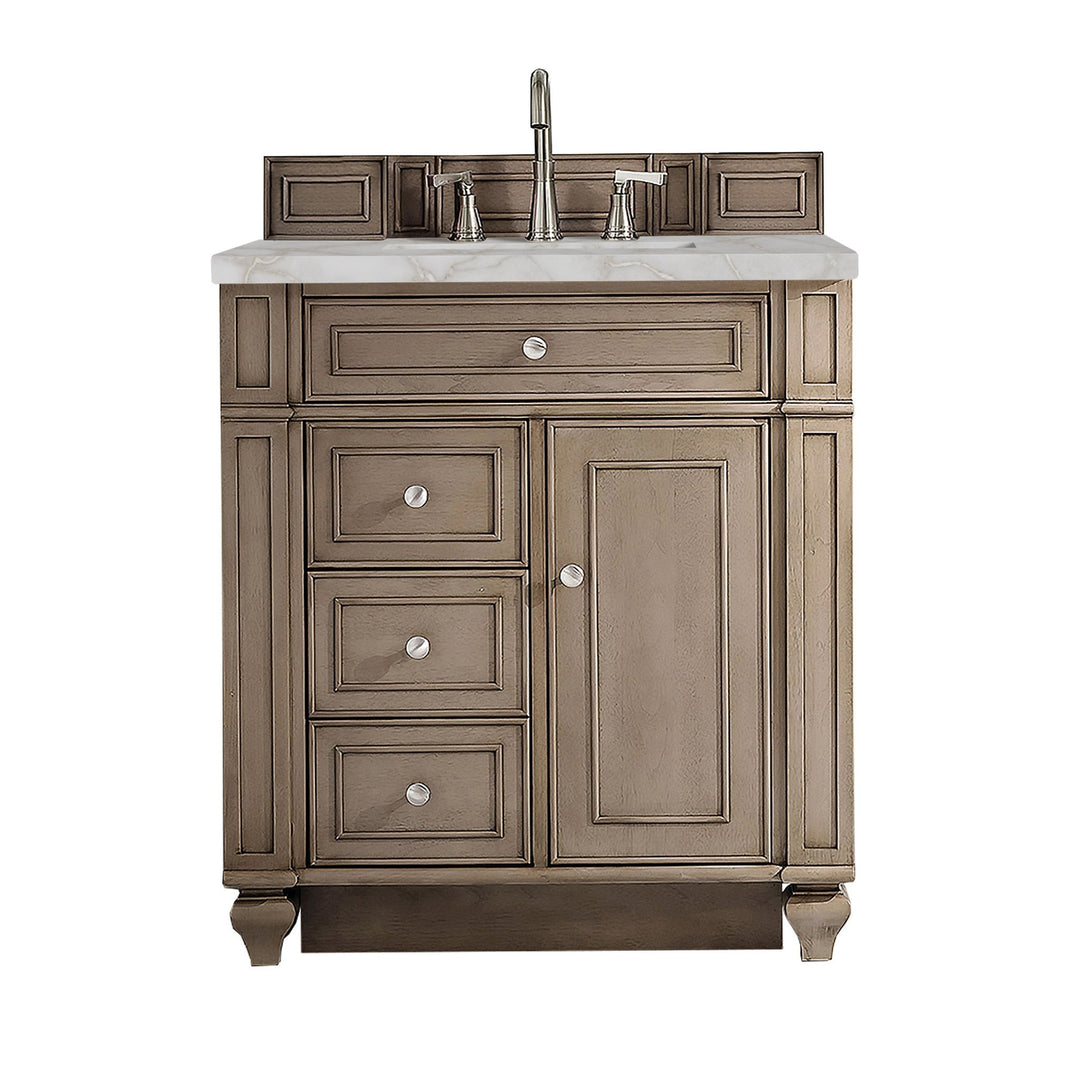 Bristol 30" Single Vanity, Whitewashed Walnut w/ 3 CM Victorian Silver Silestone Top
