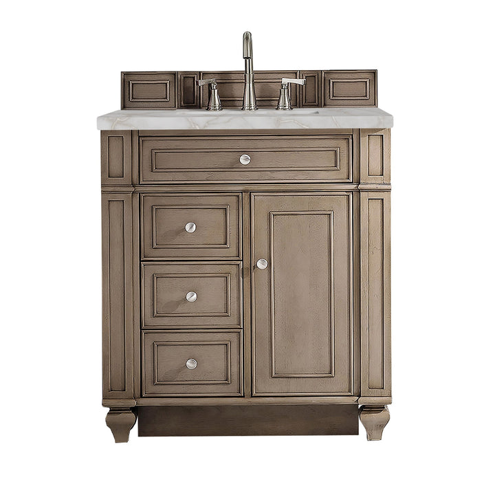 Bristol 30" Single Vanity, Whitewashed Walnut w/ 3 CM Victorian Silver Silestone Top