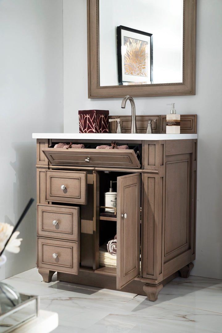 Bristol 30" Single Vanity, Whitewashed Walnut w/ 3 CM White Zeus Silestone Top