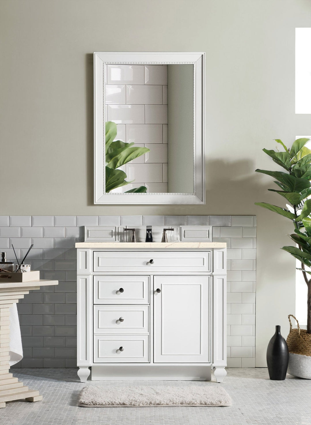 Bristol 36" Single Vanity, Bright White w/ 3 CM Eternal Marfil Silestone Top
