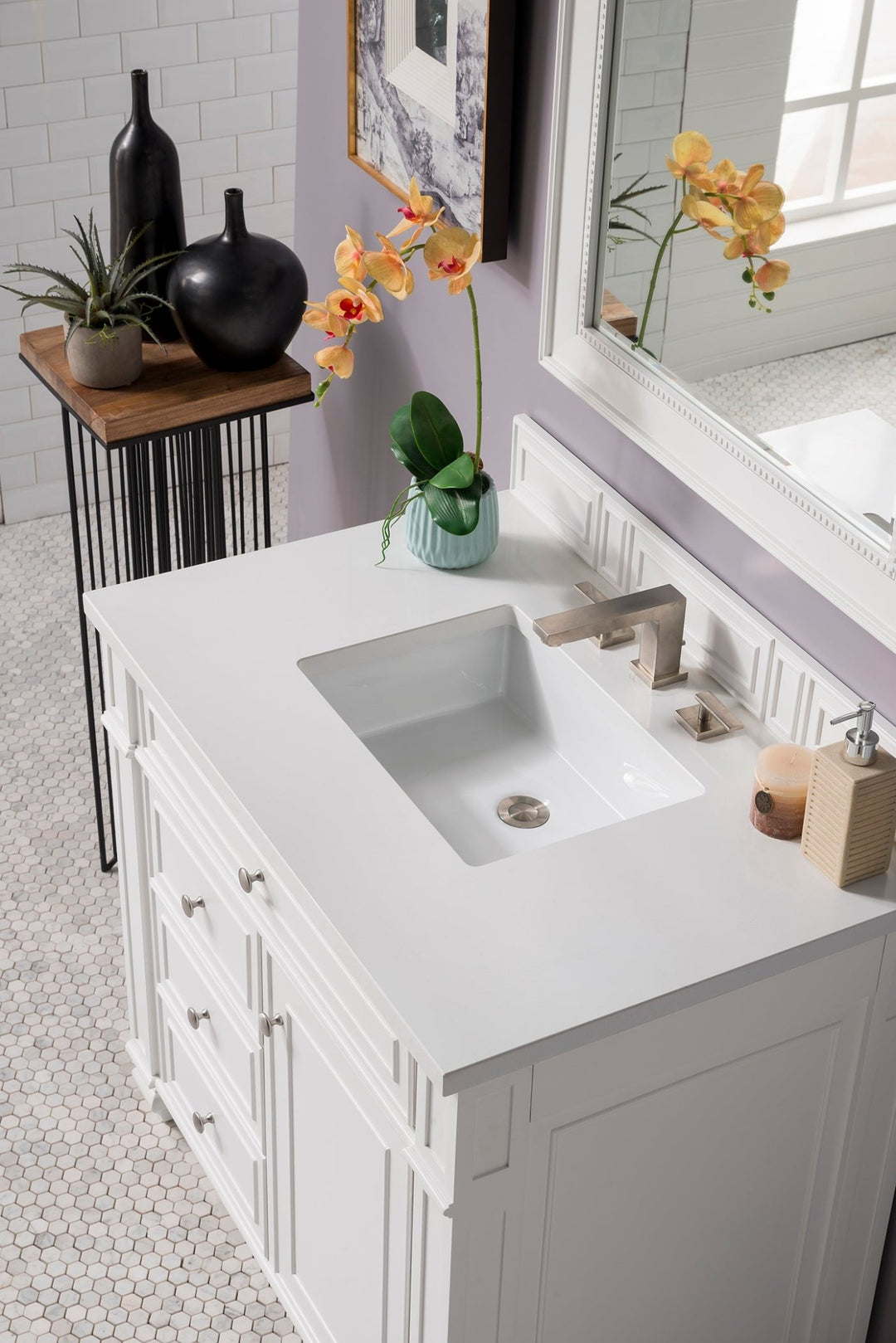 Bristol 36" Single Vanity, Bright White w/ 3 CM White Zeus Silestone Top