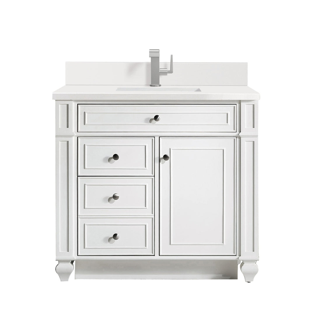 Bristol 36" Single Vanity, Bright White w/ Single Hole 3 CM White Zeus Silestone Top & Backsplash