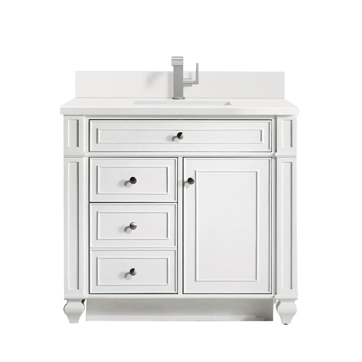 Bristol 36" Single Vanity, Bright White w/ Single Hole 3 CM White Zeus Silestone Top & Backsplash