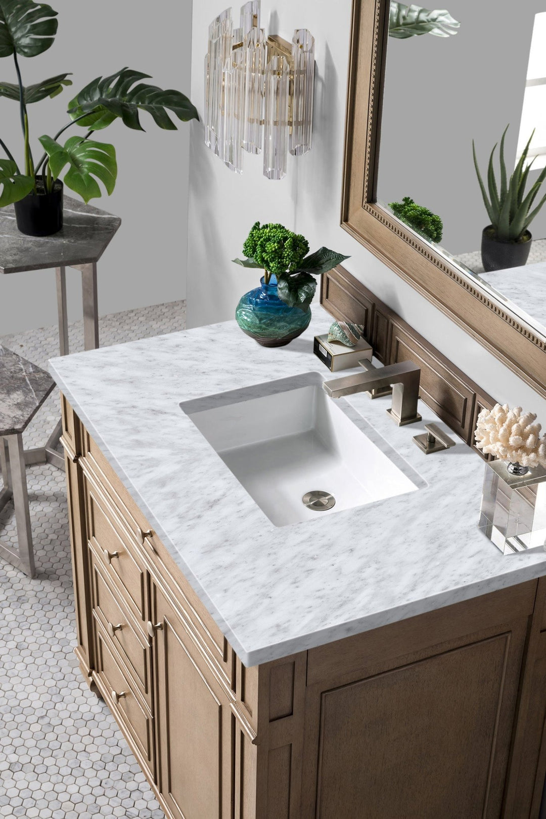 Bristol 36" Single Vanity, Whitewashed Walnut w/ 3 CM Carrara Marble Top