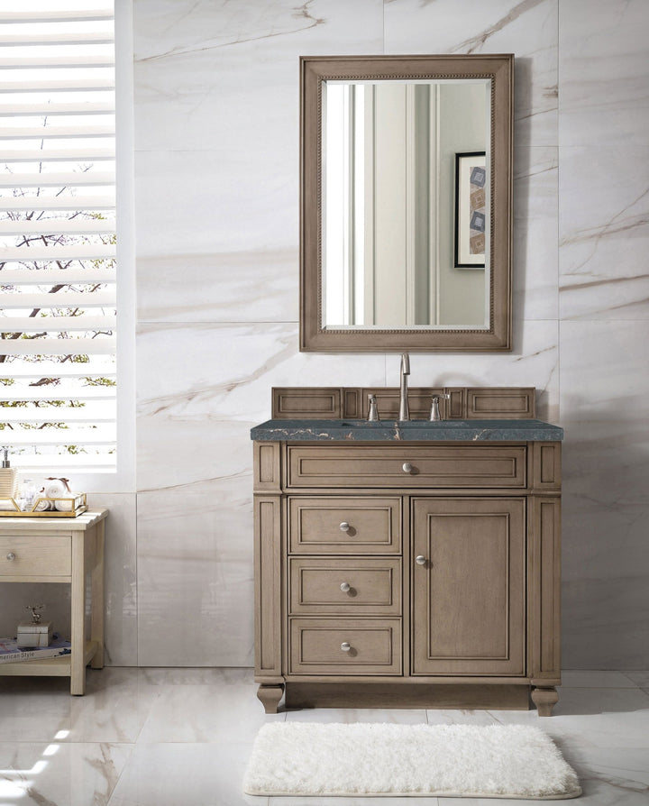 Bristol 36&quot; Single Vanity, Whitewashed Walnut w/ 3 CM Parisien Bleu Silestone Top