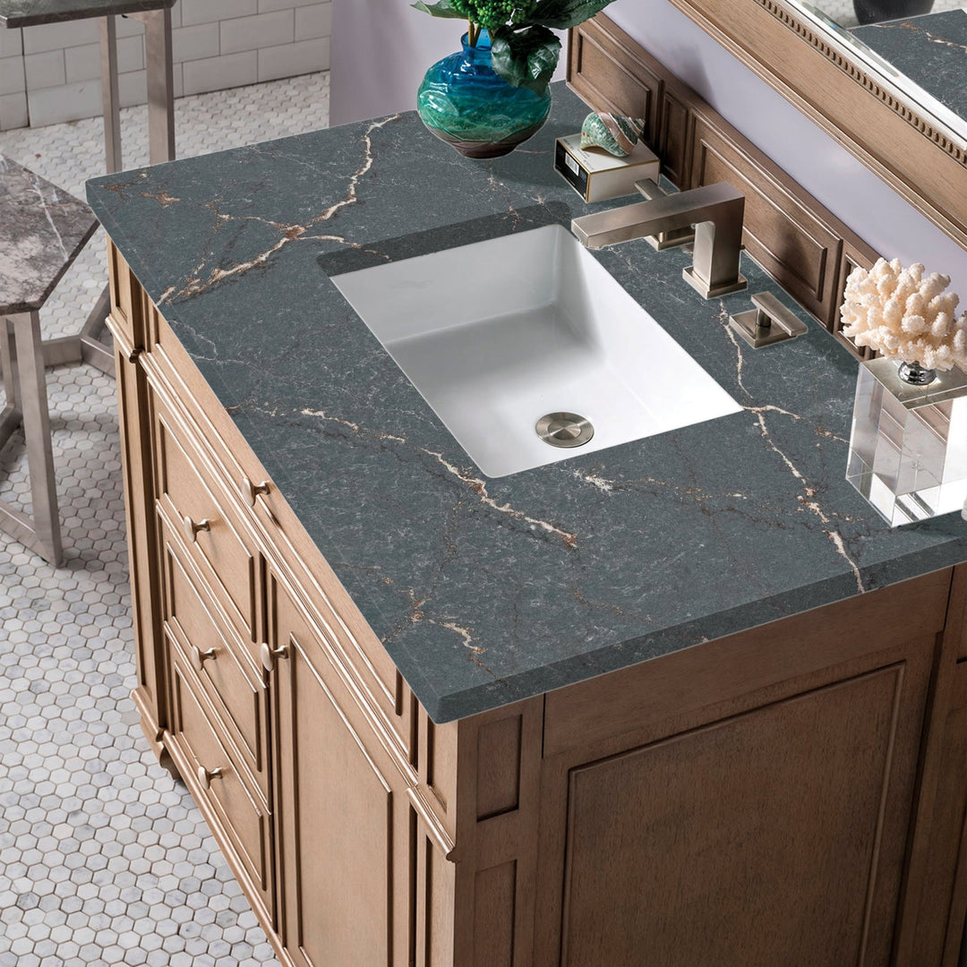 Bristol 36&quot; Single Vanity, Whitewashed Walnut w/ 3 CM Parisien Bleu Silestone Top