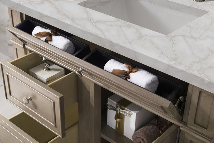 Bristol 36&quot; Single Vanity, Whitewashed Walnut w/ 3 CM Victorian Silver Silestone Top