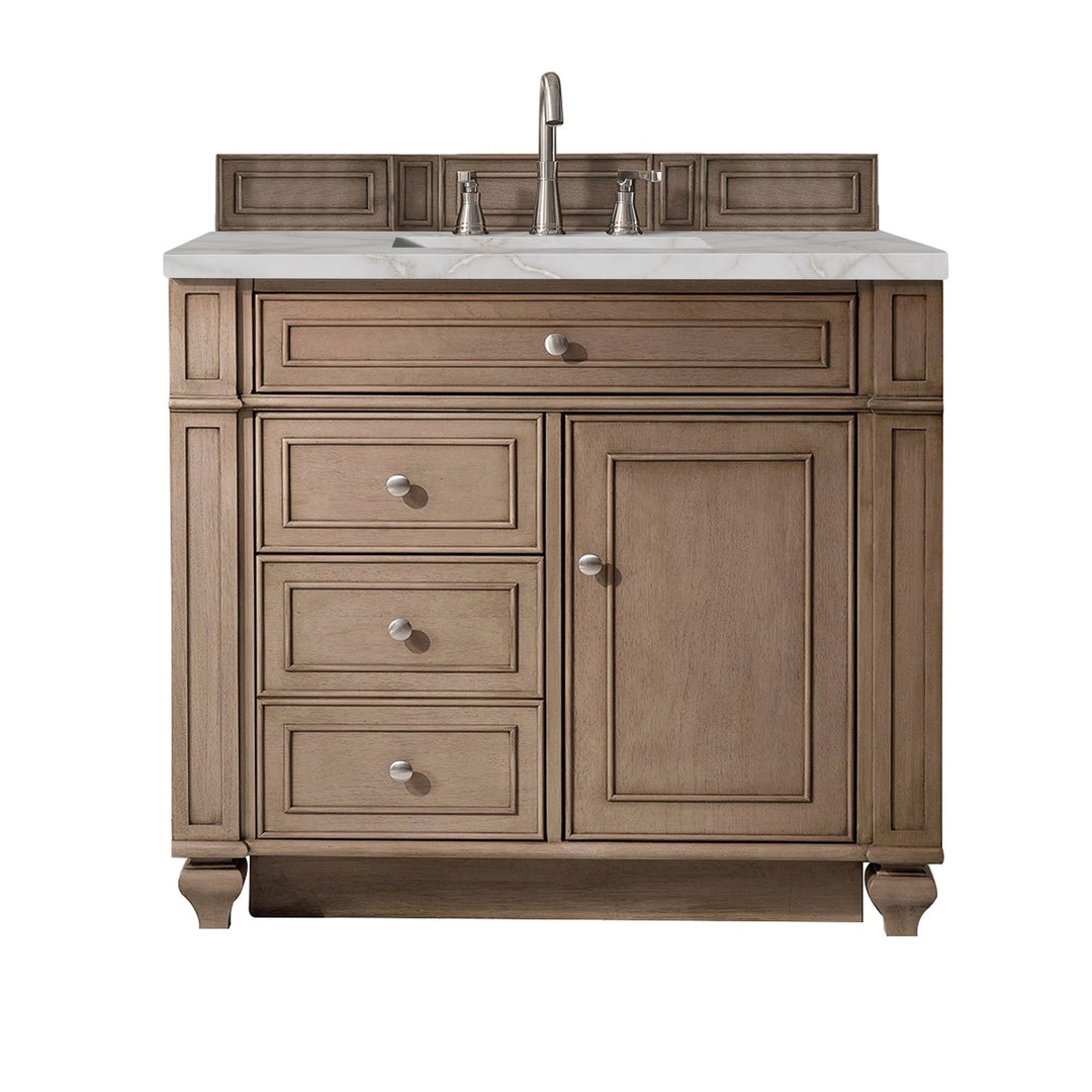 Bristol 36&quot; Single Vanity, Whitewashed Walnut w/ 3 CM Victorian Silver Silestone Top