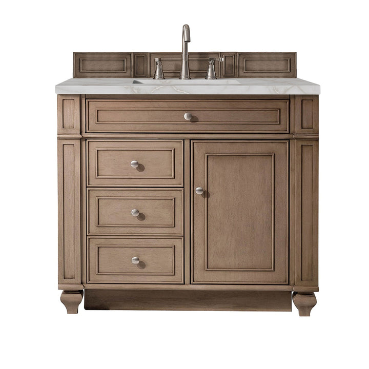 Bristol 36&quot; Single Vanity, Whitewashed Walnut w/ 3 CM Victorian Silver Silestone Top