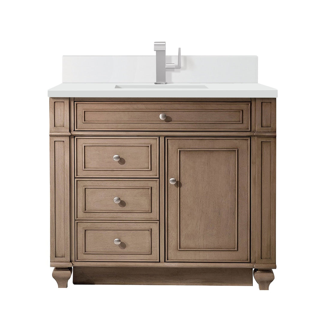 Bristol 36" Single Vanity, Whitewashed Walnut w/ Single Hole 3 CM White Zeus Silestone Top & Backsplash