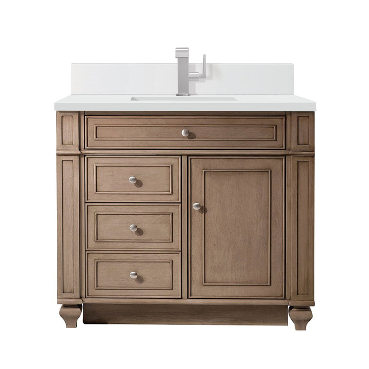 Bristol 36" Single Vanity, Whitewashed Walnut w/ Single Hole 3 CM White Zeus Silestone Top & Backsplash